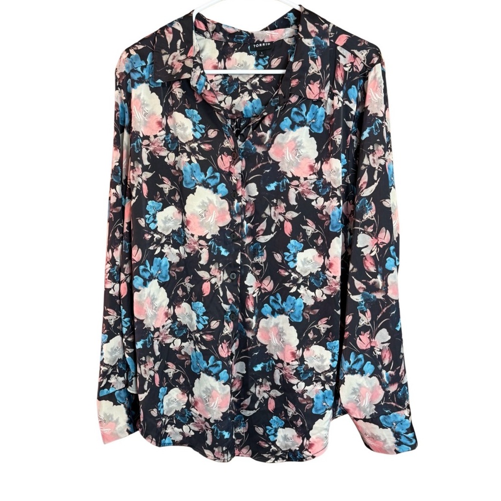 Torrid Floral Blouse Size 1 Button Front Top Black Blue Pink Long Sleeve Plus